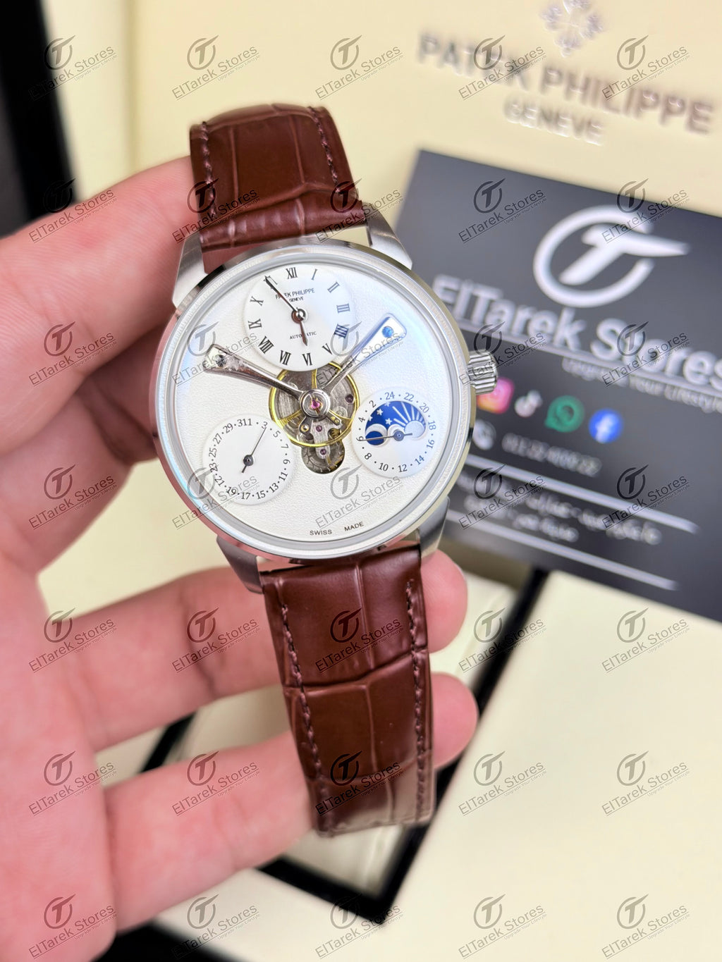 Patek Philippe Moonphase Tourbillon White Dial Brown Leather