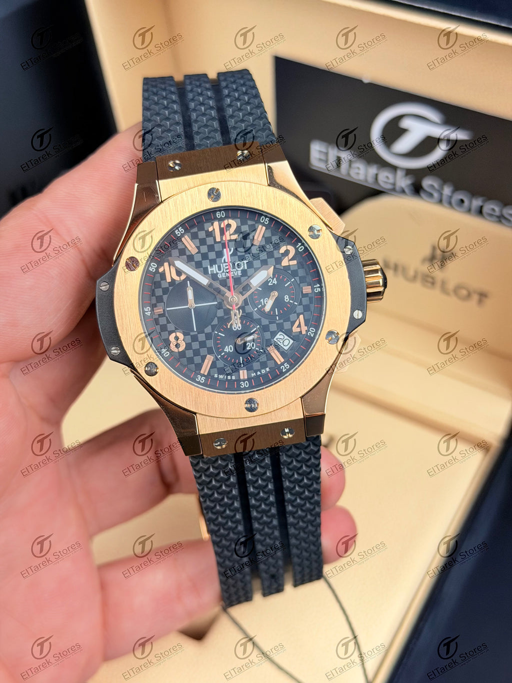 Hublot Big Bang Chronograph Black Chess Dial Black Rubber Metal Rose