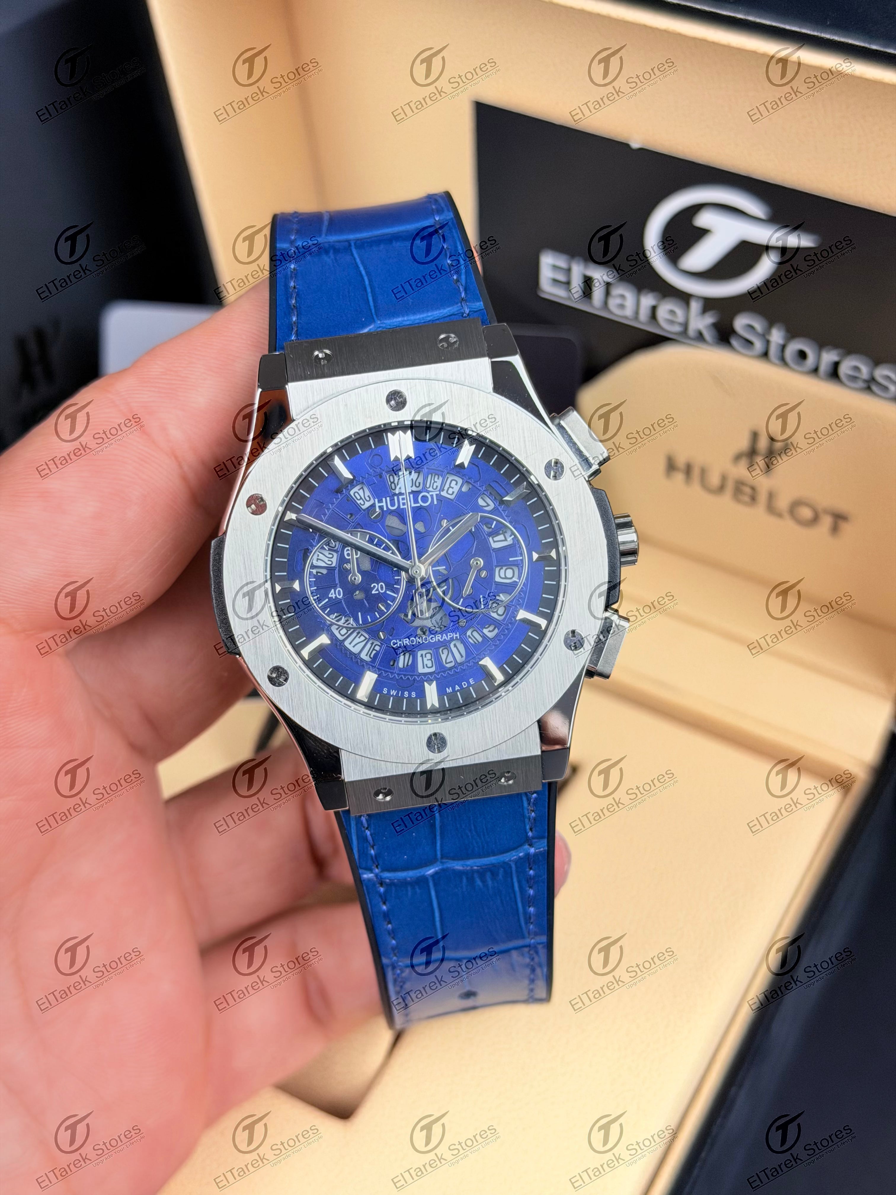 Hublot Classic Fusion Chronograph Blue Skeleton Dial Blue Rubber Leather