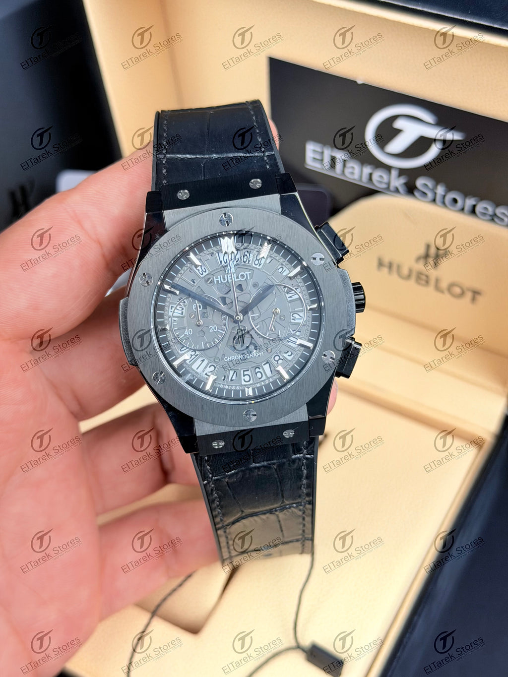 Hublot Classic Fusion Chronograph Black Skeleton Dial Black Rubber Leather