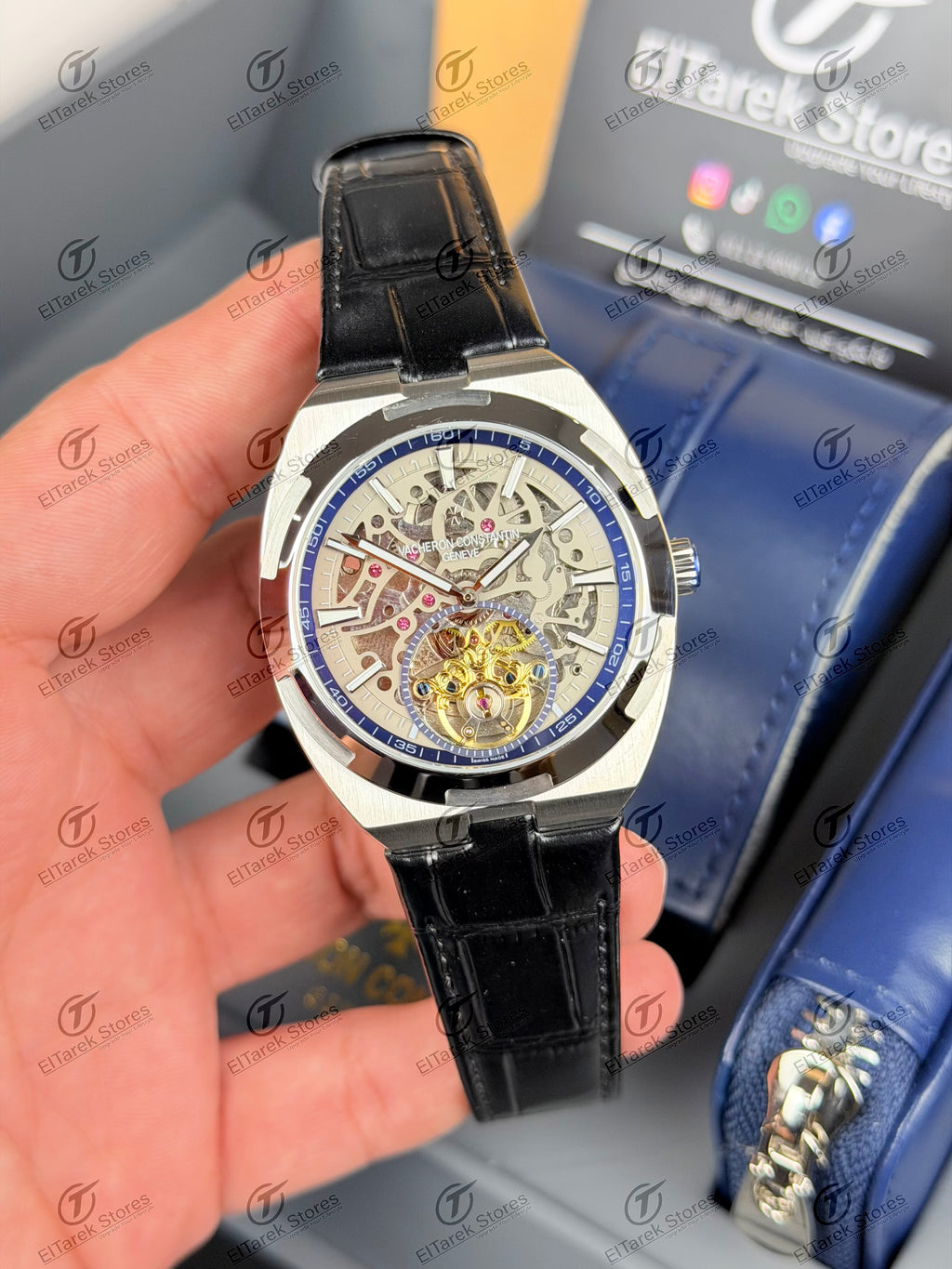 Vacheron Constantin Overseas Tourbillon Silver Skeleton Black Leather