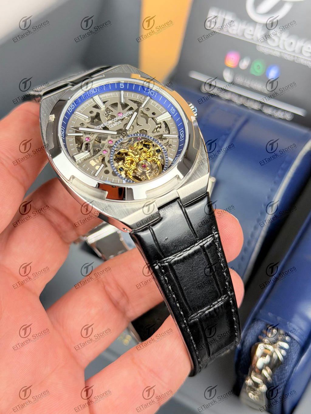 Vacheron Constantin Overseas Tourbillon Silver Skeleton Black Leather